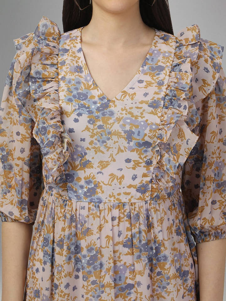 dresses for Women western wear Cream Floral Maxi Dress - Masakali.Co®