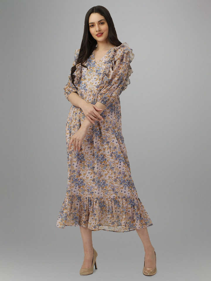 dresses for Women western wear Cream Floral Maxi Dress - Masakali.Co®