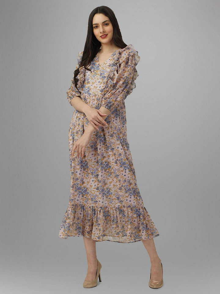 dresses for Women western wear Cream Floral Maxi Dress - Masakali.Co®