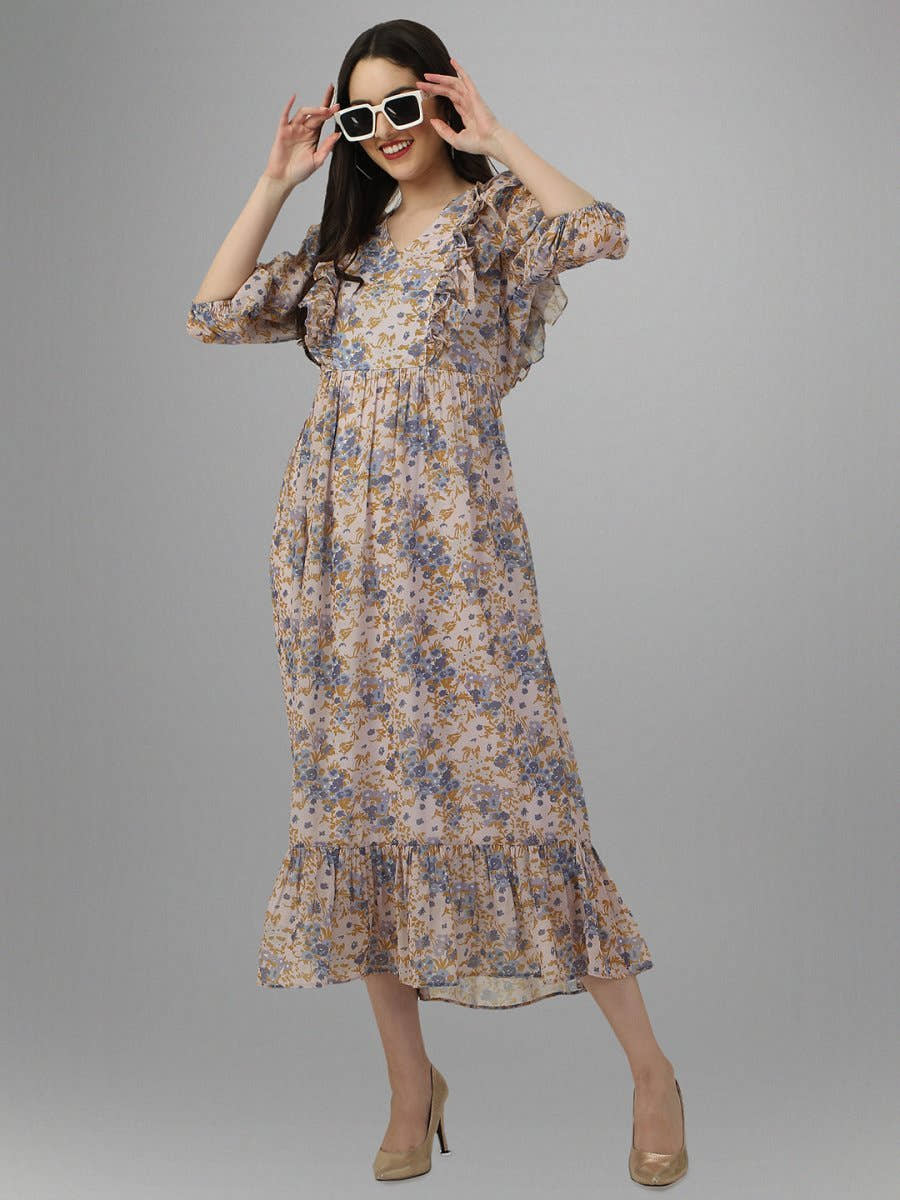 dresses for Women western wear Cream Floral Maxi Dress - Masakali.Co®
