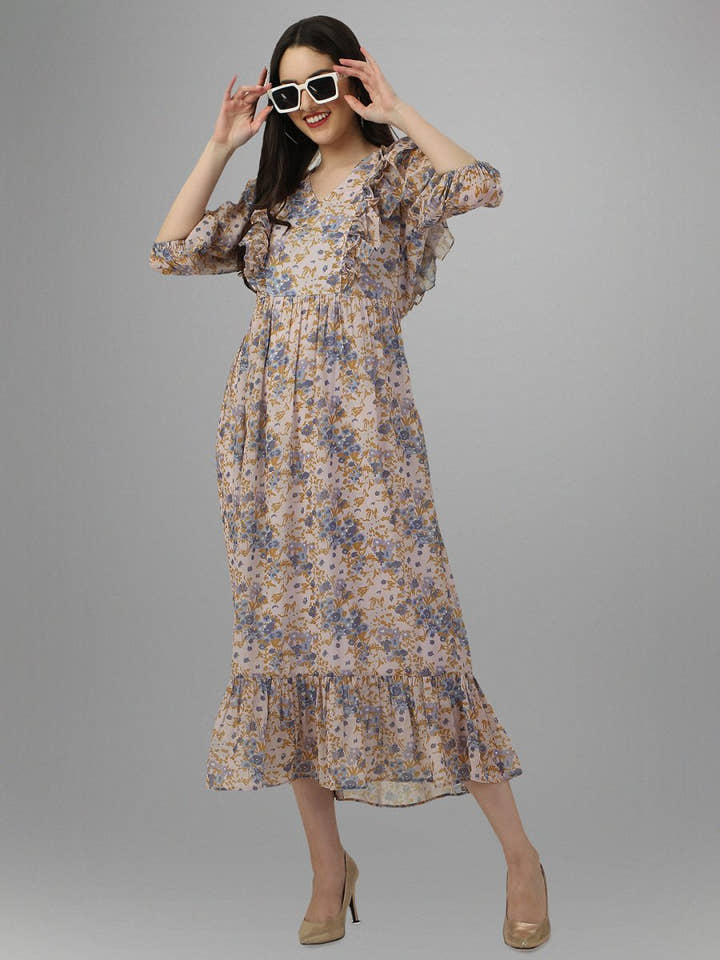 dresses for Women western wear Cream Floral Maxi Dress - Masakali.Co®