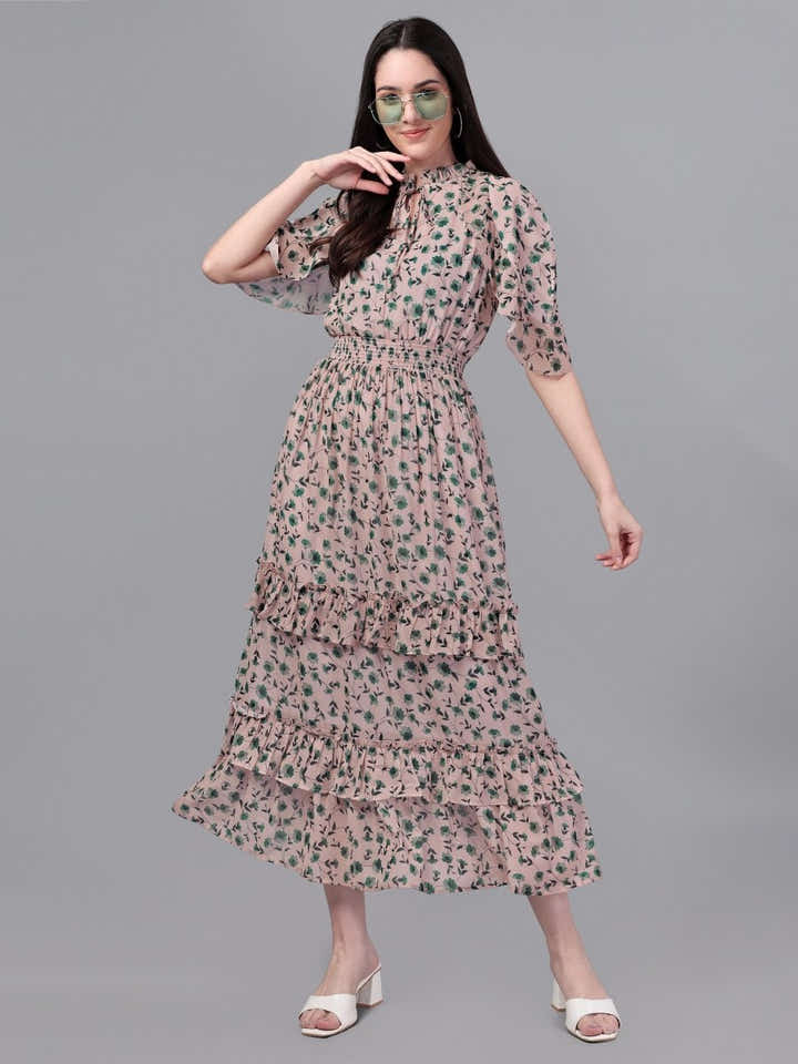 dresses for Women western wear Cream & Green Maxi Dress - Masakali.Co®