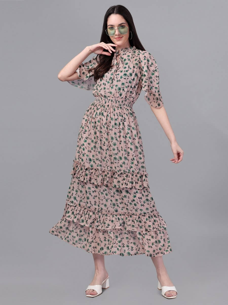 dresses for Women western wear Cream & Green Maxi Dress - Masakali.Co®