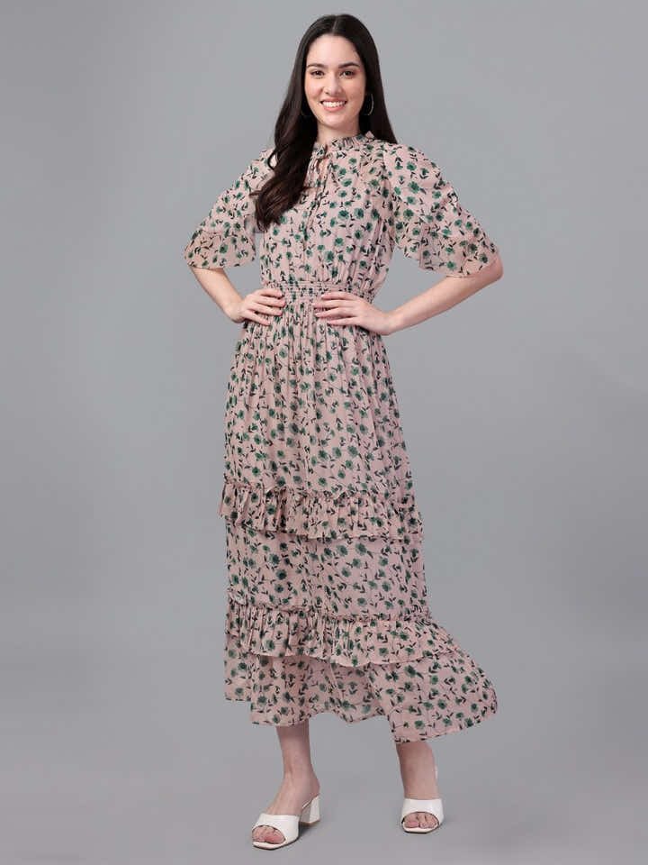 dresses for Women western wear Cream & Green Maxi Dress - Masakali.Co®