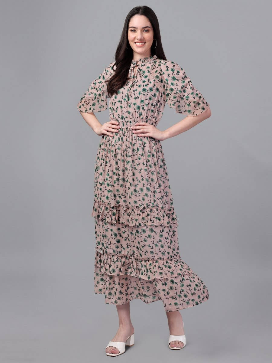 dresses for Women western wear Cream & Green Maxi Dress - Masakali.Co®