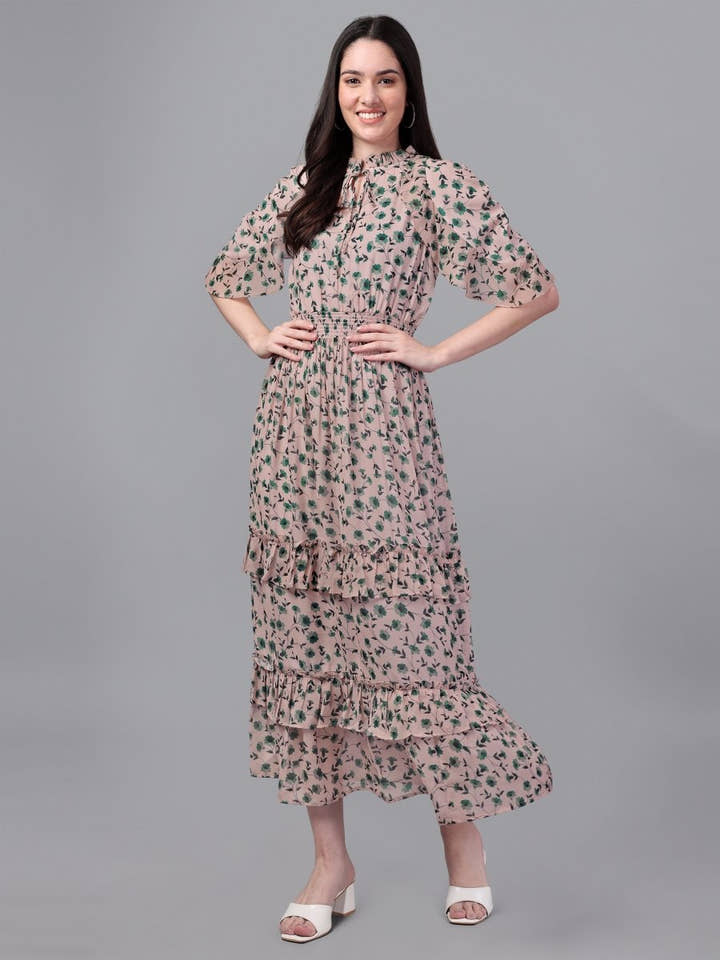 dresses for Women western wear Cream & Green Maxi Dress - Masakali.Co®
