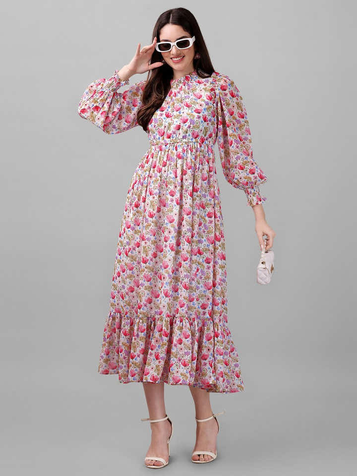 dresses for Women western wear Pink Floral Maxi Dress - Masakali.Co®