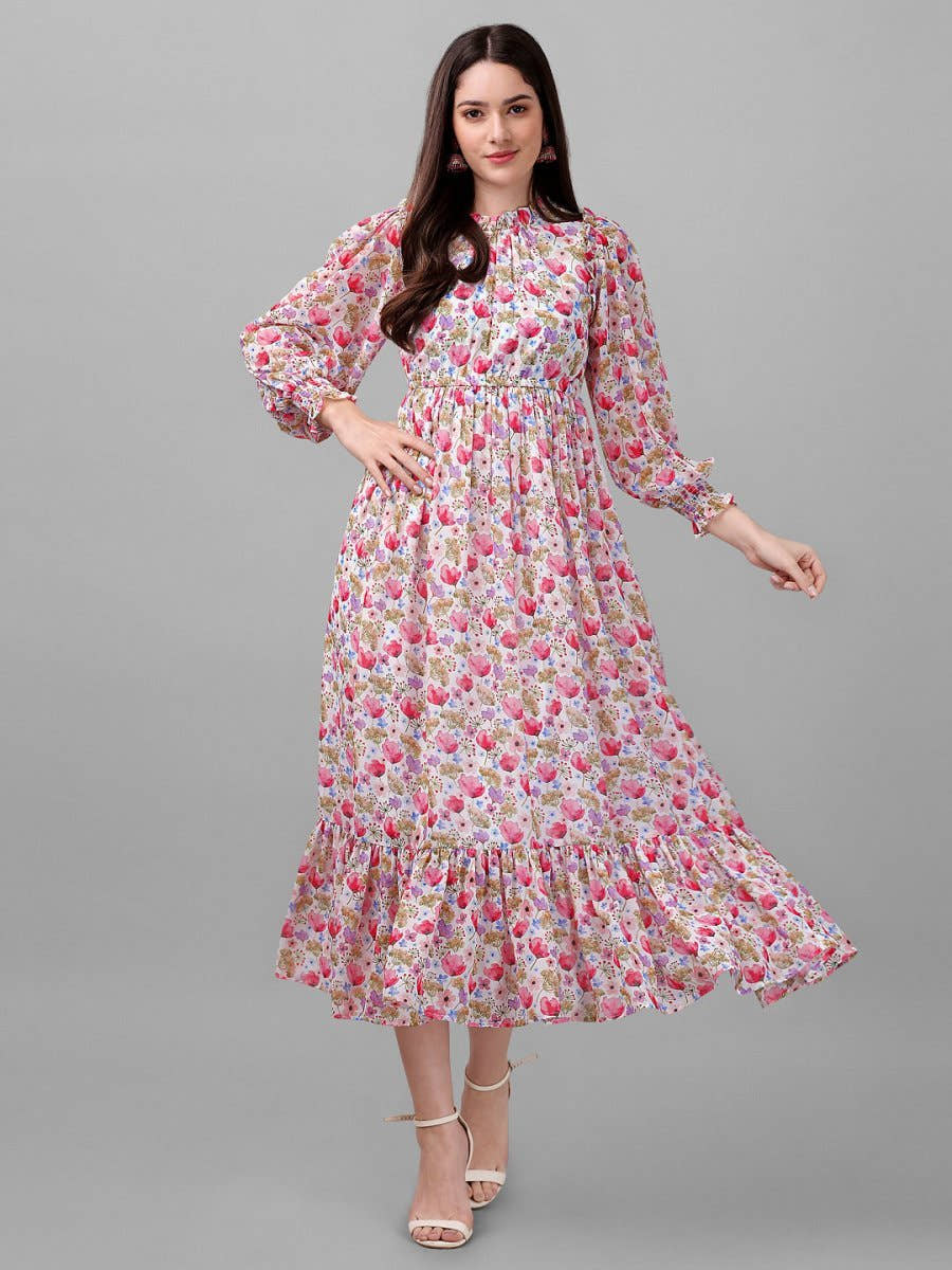 dresses for Women western wear Pink Floral Maxi Dress - Masakali.Co®