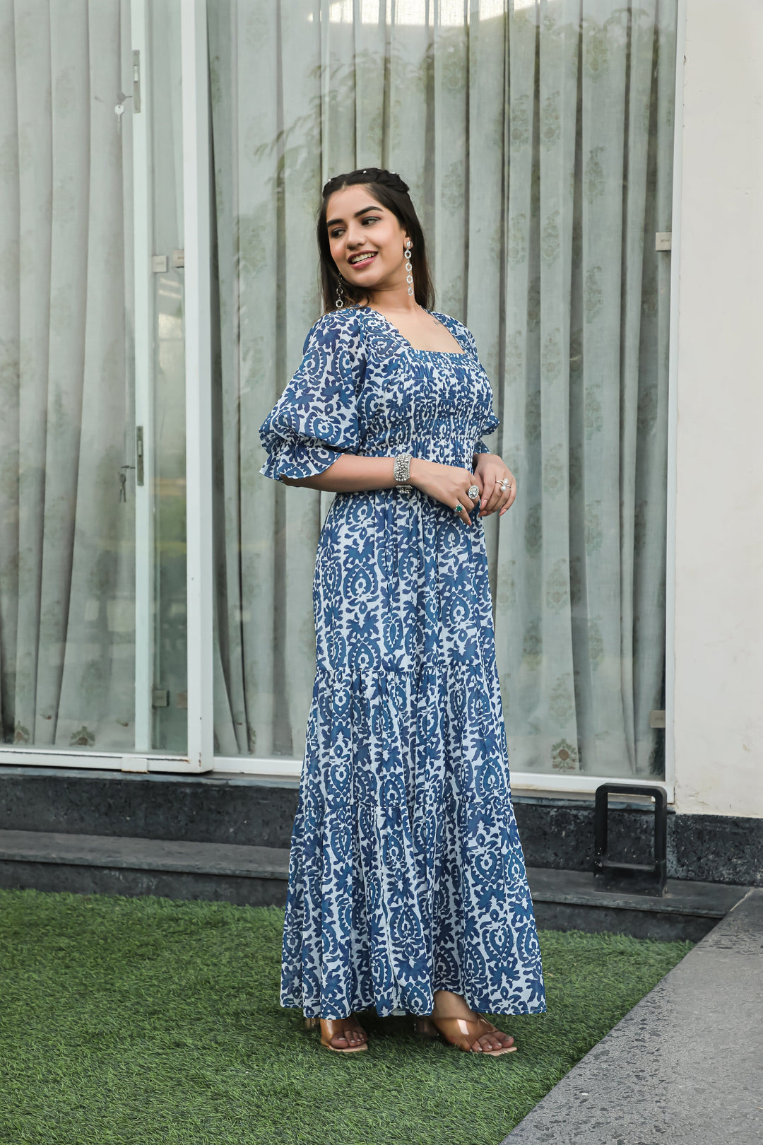 Dusty Blue Floral Maxi Dress - Masakali.Co®