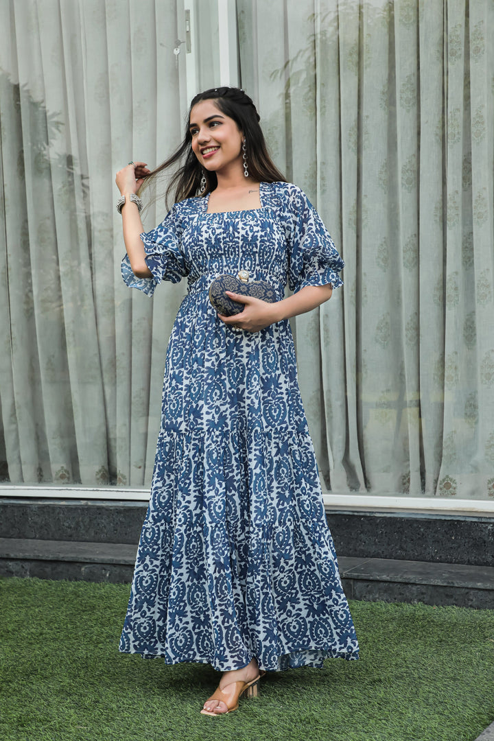 Dusty Blue Floral Maxi Dress - Masakali.Co®