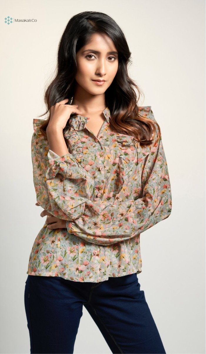 Grey Flower Floral Top - Masakali.Co®