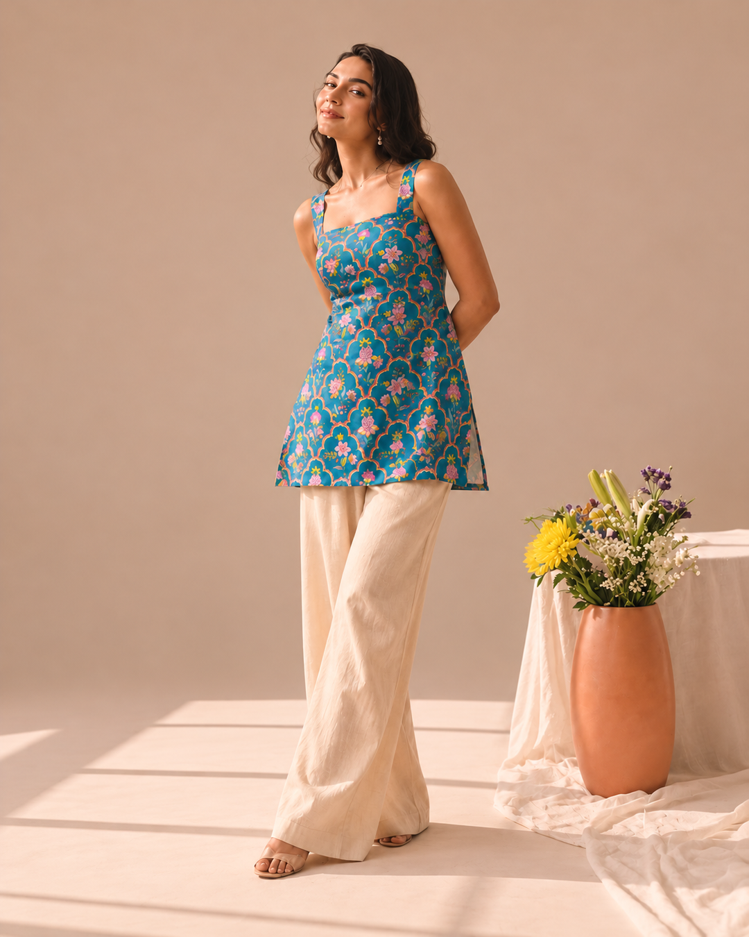 AVA | Teal Floral Short Kurti