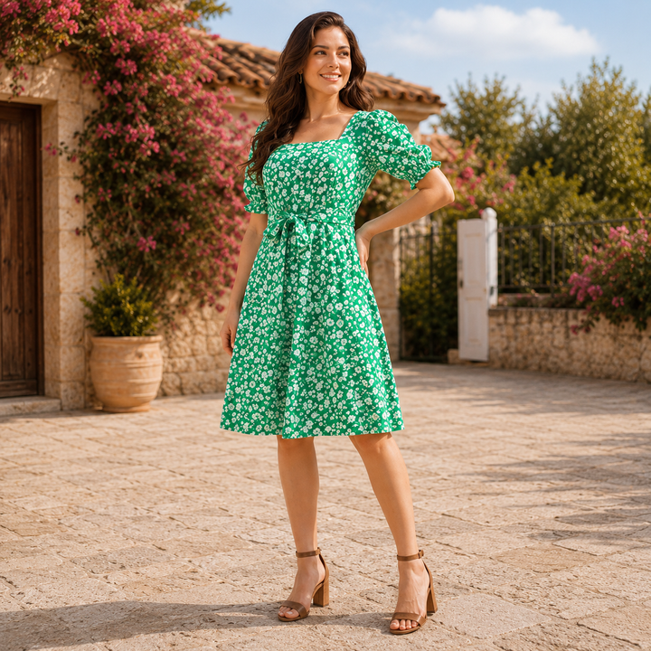Green Floral Puff Sleeve Square Neck Dress