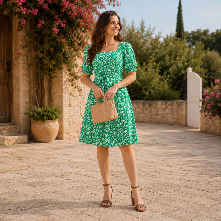 Green Floral Puff Sleeve Square Neck Dress