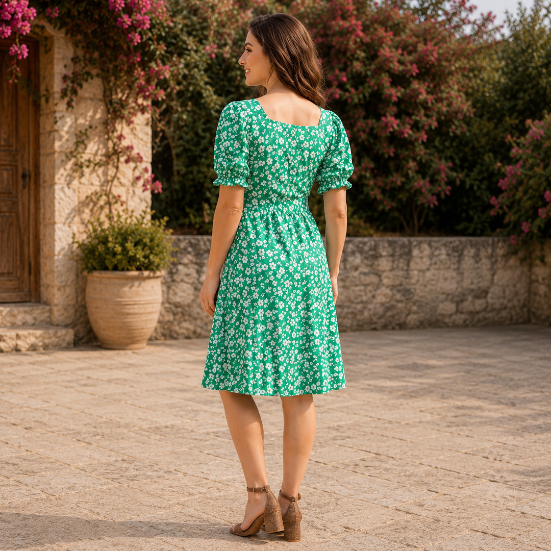 Green Floral Puff Sleeve Square Neck Dress