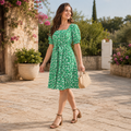 Green Floral Puff Sleeve Square Neck Dress