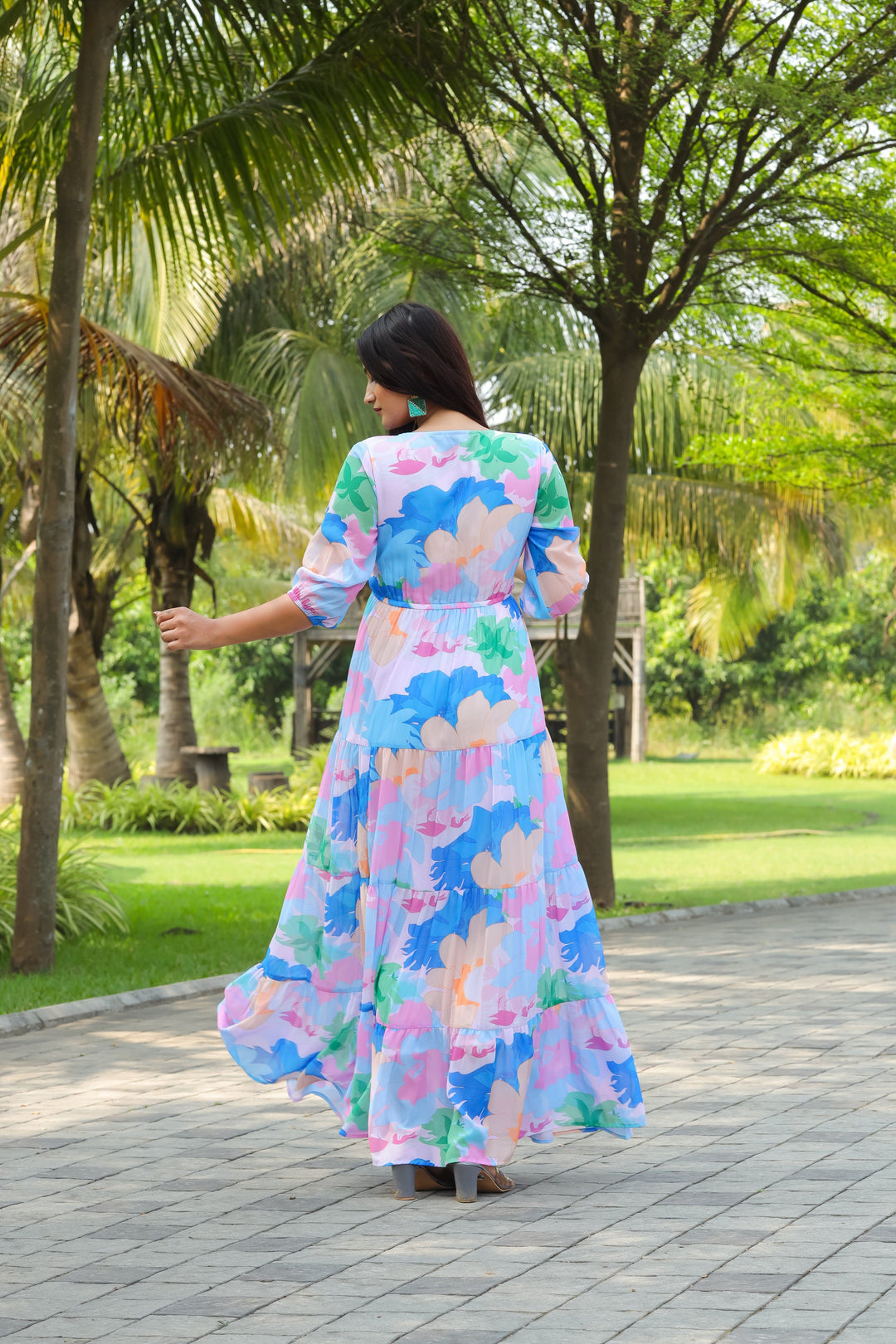 Light Periwinkle Multicolour Maxi Dress - Masakali.Co®