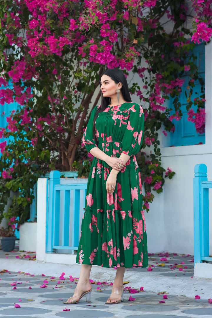 Side profile of Masakali's Spruce Bruce maxi dress showcasing elbow sleeves-Masakali.Co®