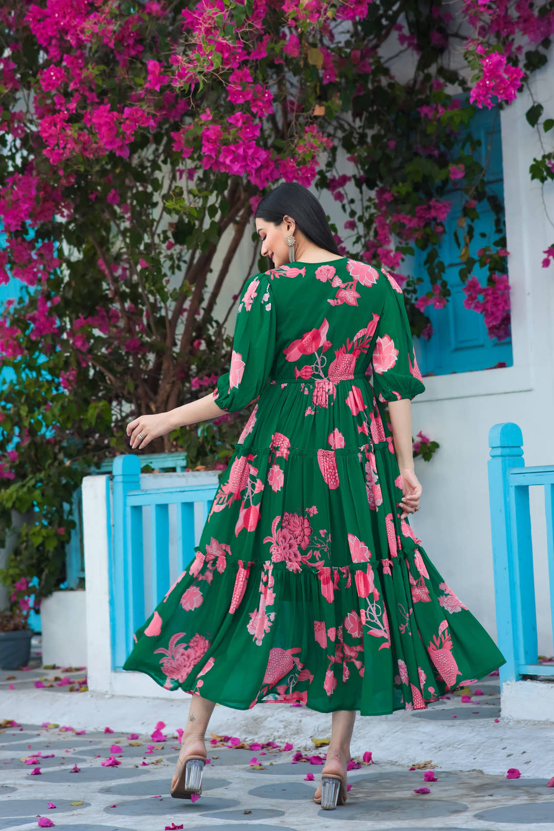 Back view of elbow sleeve dark green floral maxi dress
