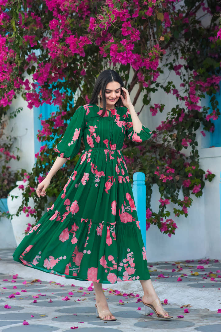 Full-length view of dark green floral maxi dress styled with nude heels-Masakali.Co®