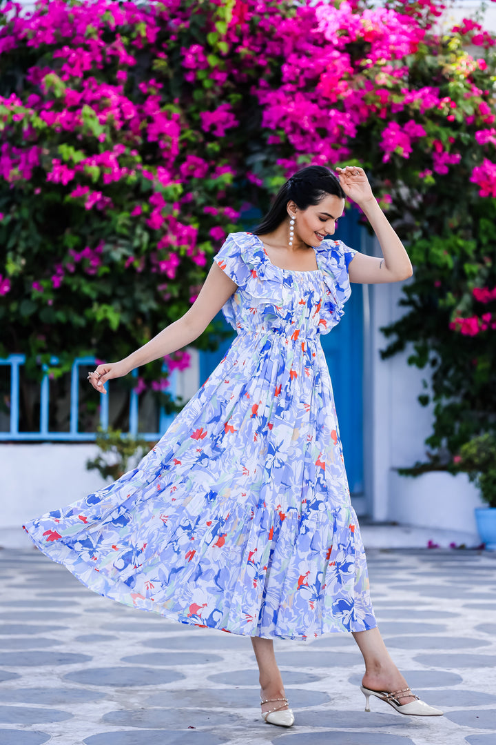 Tealish Blue Floral Maxi Dress - Masakali.Co®