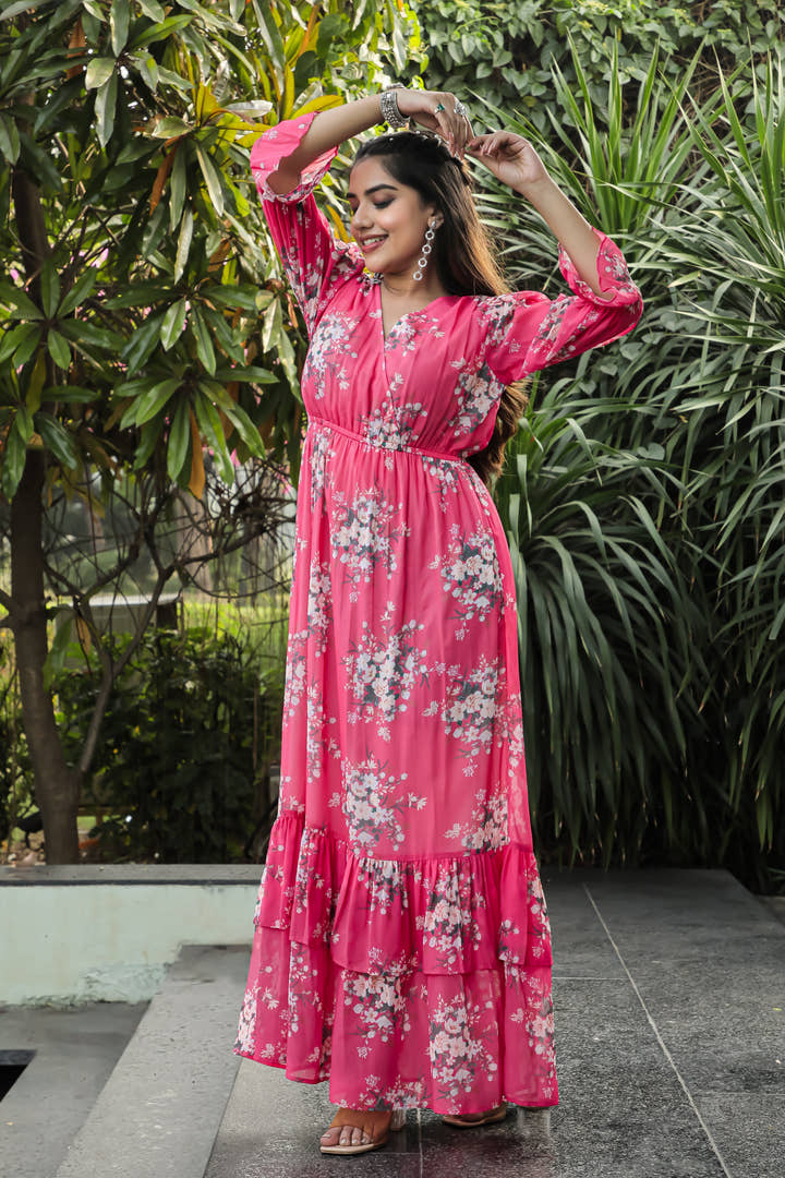 Warm Pink Floral Maxi Dress - Masakali.Co®