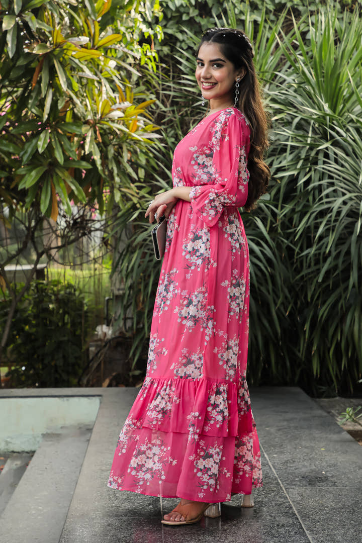Warm Pink Floral Maxi Dress - Masakali.Co®