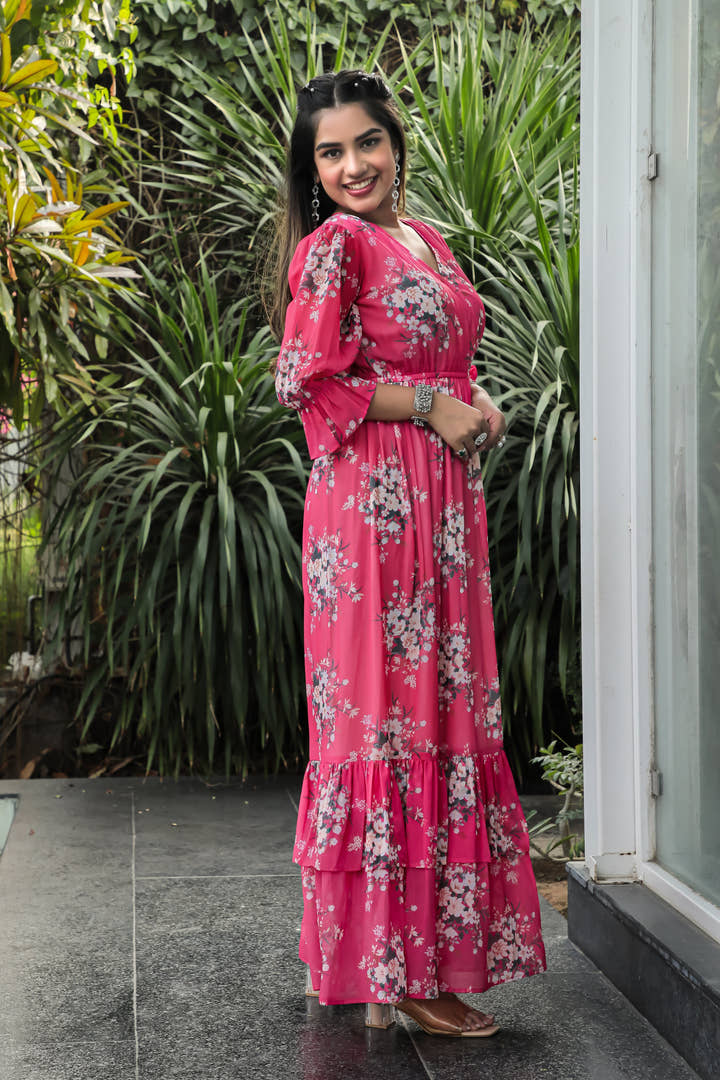 Warm Pink Floral Maxi Dress - Masakali.Co®