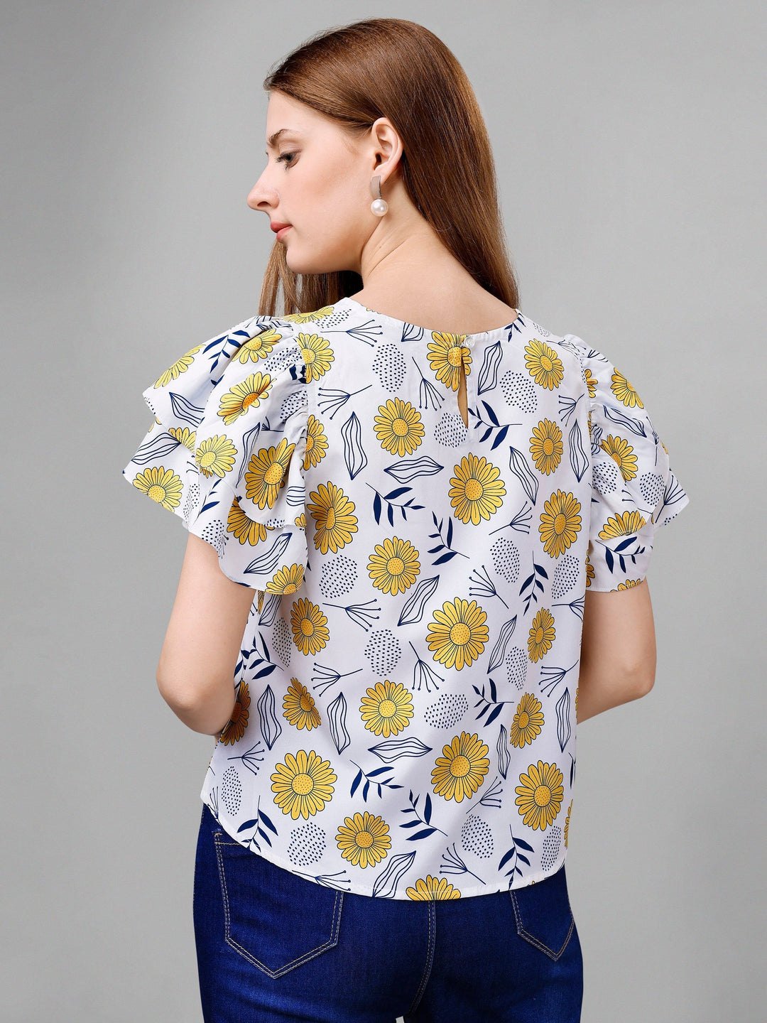 White Sunflower Floral Womens Top - Masakali.Co®