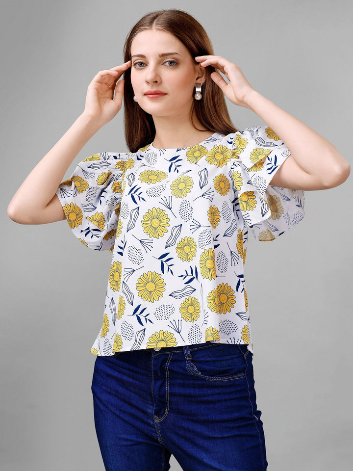 White Sunflower Floral Womens Top - Masakali.Co®