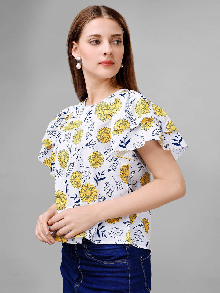 White Sunflower Floral Womens Top - Masakali.Co®