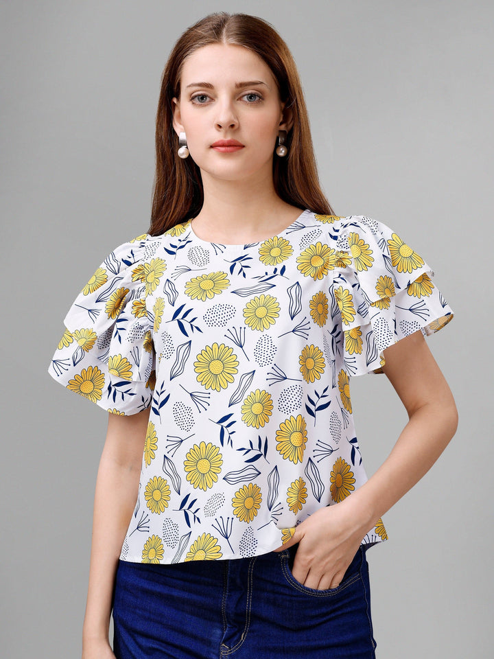 White Sunflower Floral Womens Top - Masakali.Co®