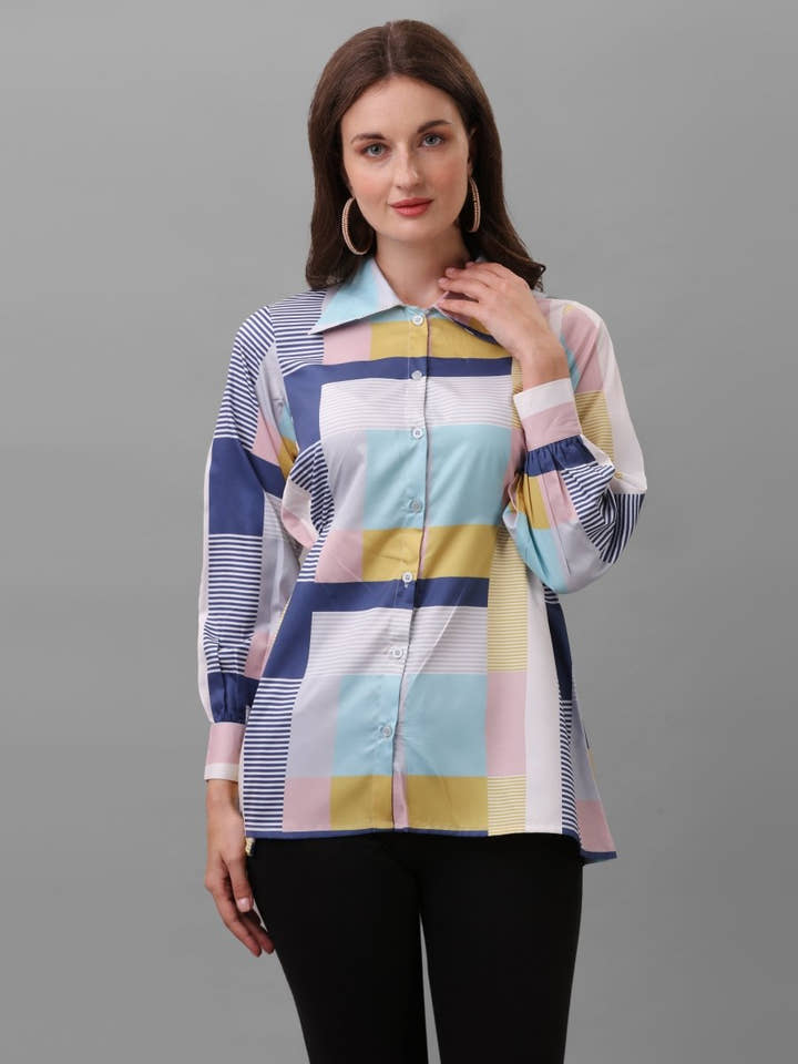 Women Multicoloured Relaxed Semi Sheer Checked Casual Shirt - Masakali.Co®