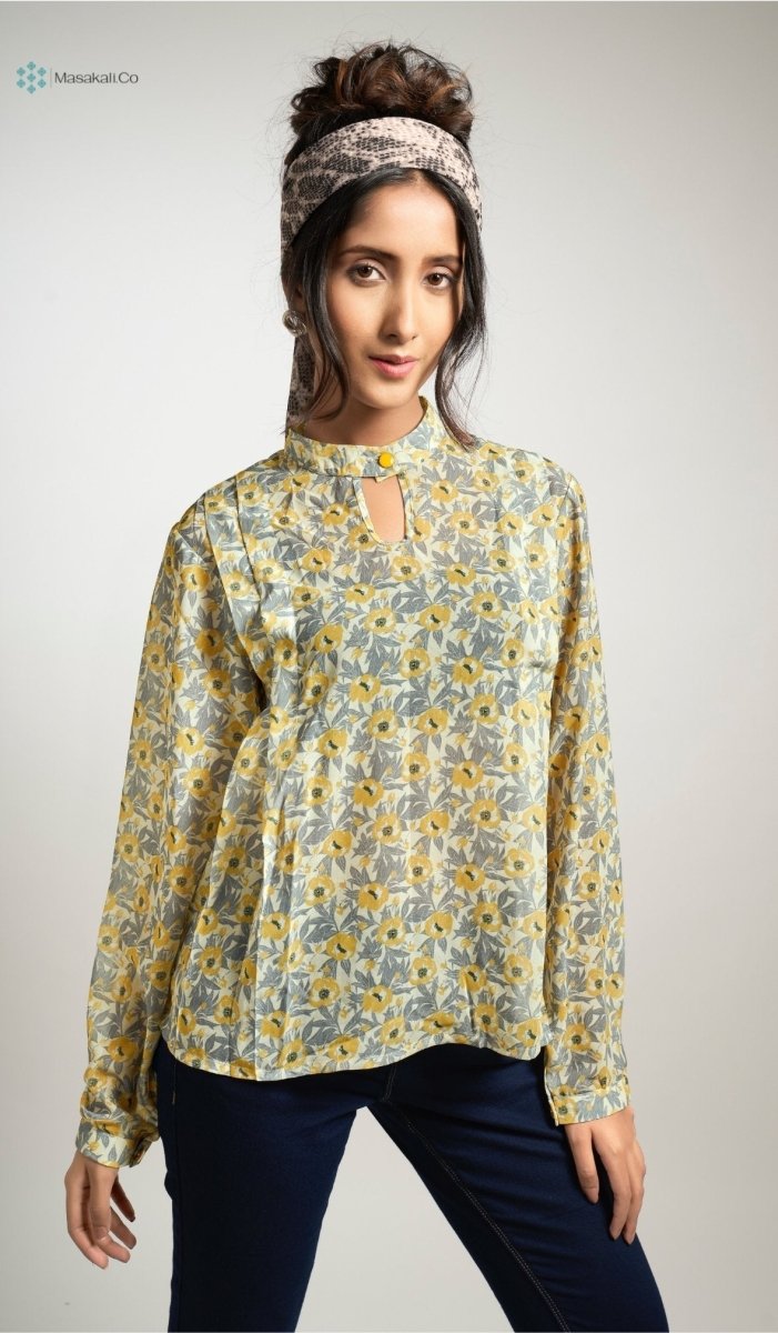 Yellow Grey Flower Top - Masakali.Co®