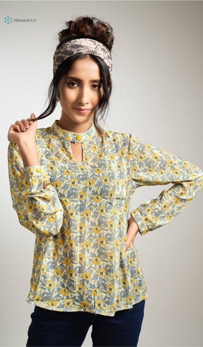 Yellow Grey Flower Top - Masakali.Co®