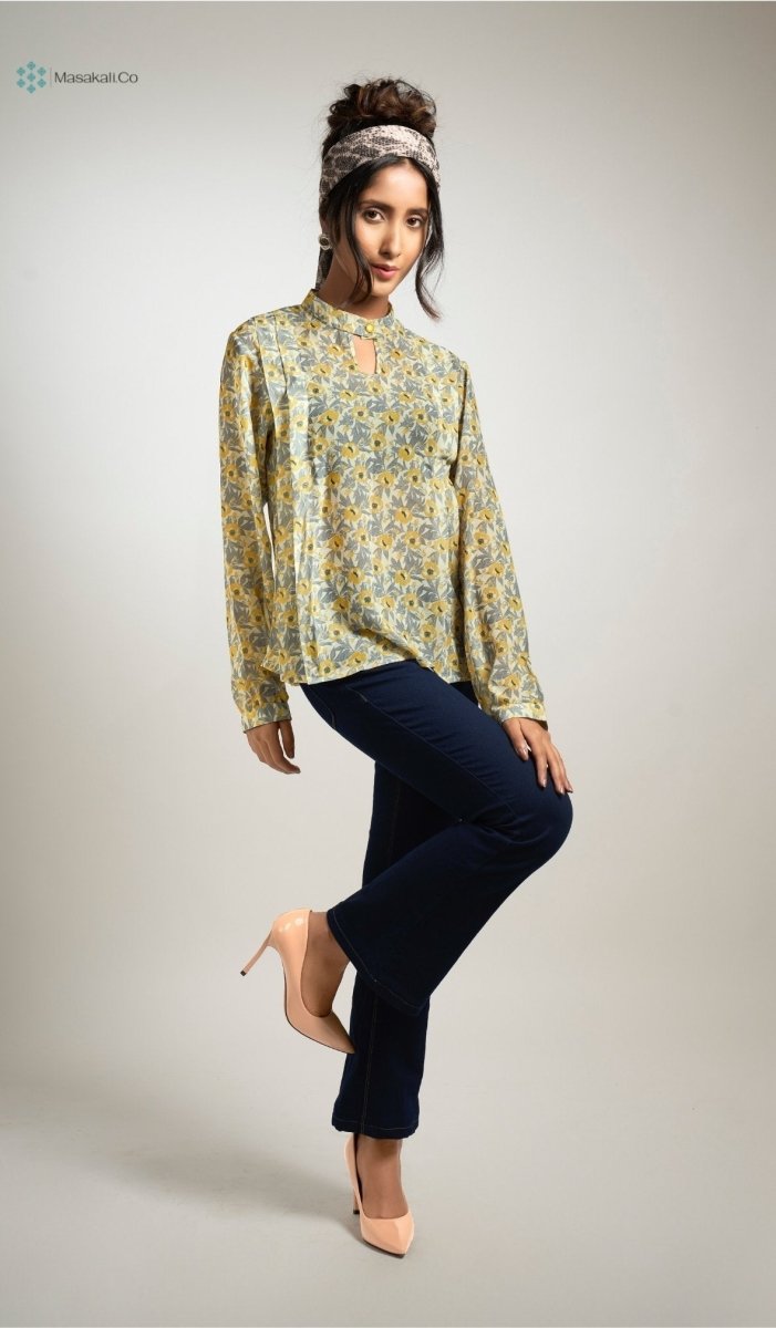 Yellow Grey Flower Top - Masakali.Co®