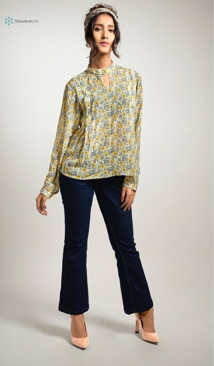 Yellow Grey Flower Top - Masakali.Co®